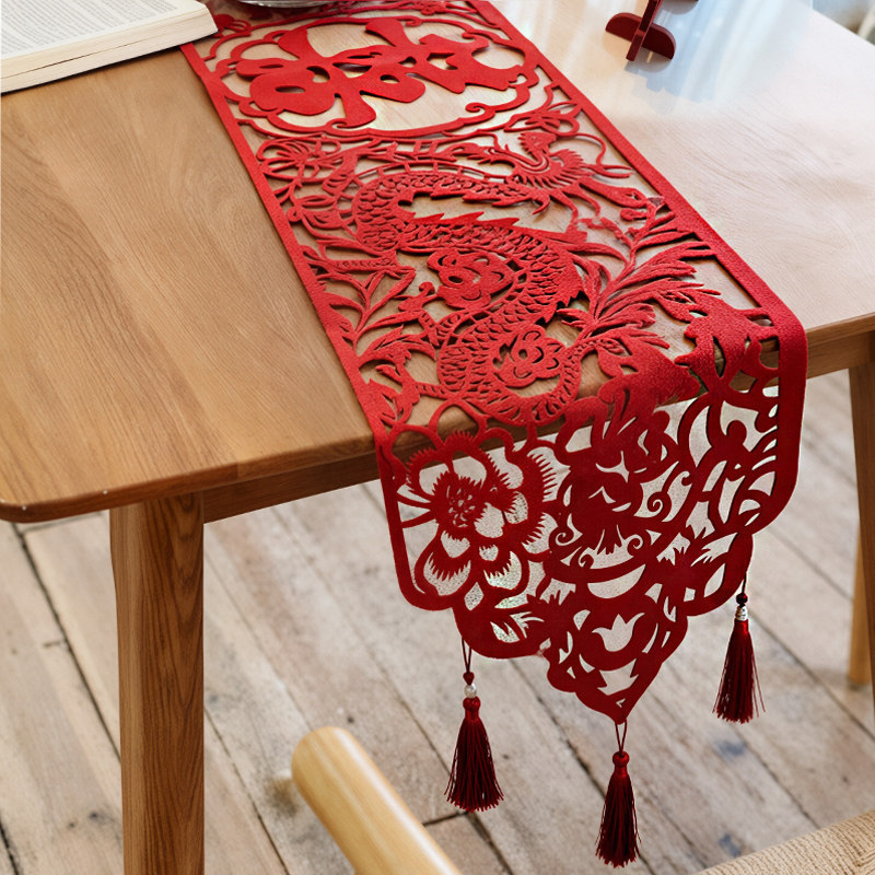 Chinese-Style Table Runner for Weddings, Long Strip with Happy Words, Tea Table, Engagement Tablecloth, Wedding Paper-Cut Dragon and Phoenix, Dining Table, Tv Cabinet Cover