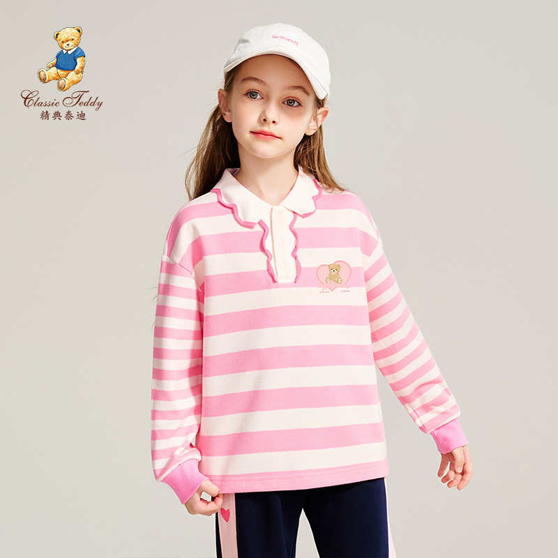 Classic Teddy Bear Children's Comfortable Spring Style Girls' Long-Sleeved Polo Shirt, Lace Collar Long-Sleeved T-Shirt for Middle and Large Children