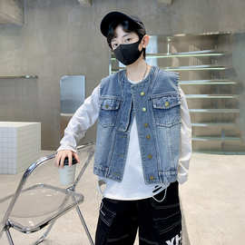 男童休闲牛仔马甲秋季新款2024中大童男孩潮流无袖马夹帅气外套潮