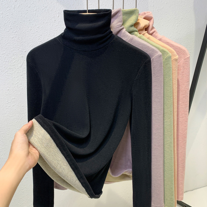 Camisa de cachemira de seda para mujeres 2024 otoño y invierno nuevo estilo delgado y caliente con cuello alto y manga larga temperamento blusa