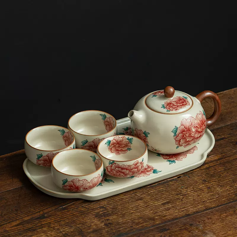 几欢汝窑牡丹花西施壶茶杯套装家用一壶二杯带茶盘功夫茶具干泡台