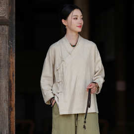 26春季棉麻女装原创上衣复古中式盘扣斜襟长袖衬衫禅修居士服茶服