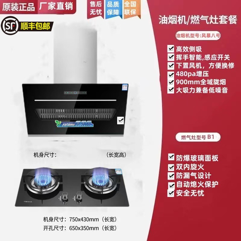 Range Hood for Home Kitchen, Side Suction, Wall-Mounted, Countertop, Dual-Use Gas Stove Combination Set with Exhaust