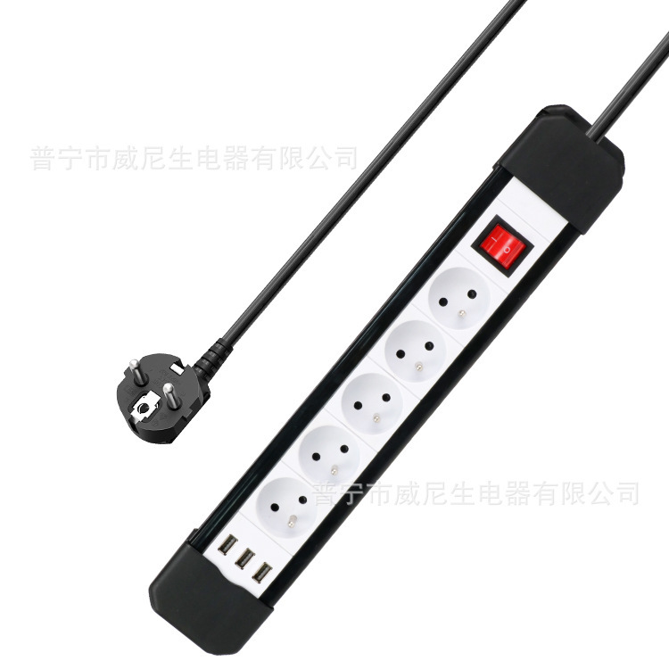 跨境直销五位法式插排3USB接口外贸排插大功率五路带线带开关排插