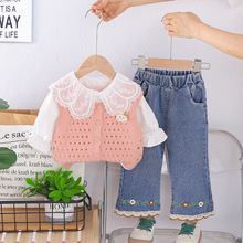 外贸潮女童套装2025春款洋气三件套学院风针织开衫外套衬衫牛仔裤