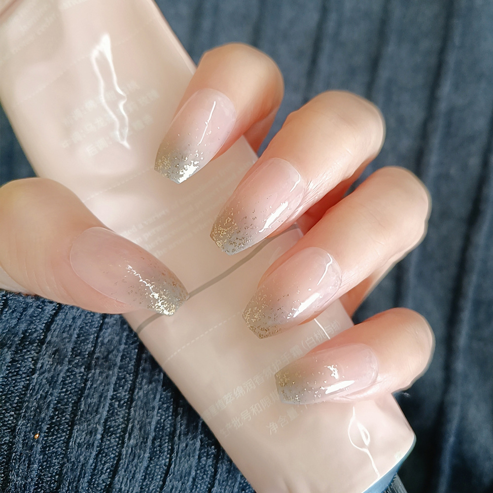 Polvo brillante de champagne francés Aurora Uña simple de color de la princesa de Xiang, 24 piezas de manicura falsa de temperamento explosivo