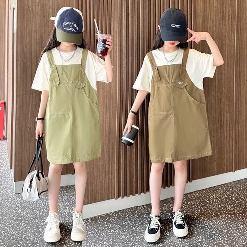 Girls' Summer Dress 2024 New Children Fashion Summer Overalls Dress for Older Girls Summer Two-Piece Dress