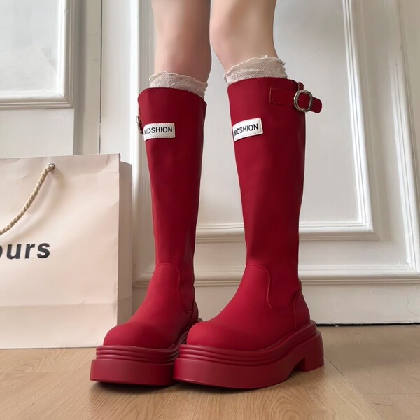 Autumn retro red high boots platform