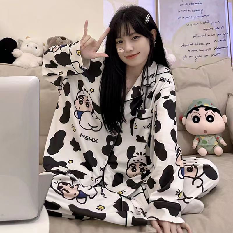 Nueva primavera y otoño pijamas japoneses de las mujeres lindo crayón Xiaoxin Otoño e Invierno suelta manga larga casa desgaste traje Pijamas