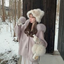 安可拉红新年韩系斗篷羊毛呢大衣外套女2025冬季连帽呢子多巴胺