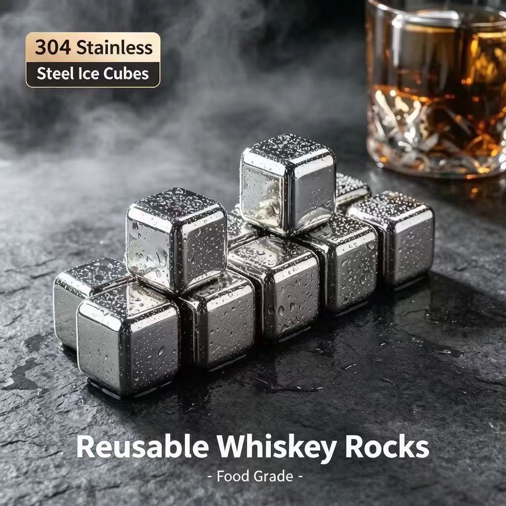Water-polished 304 stainless steel ice cubes for quick freezing, ice cube box set, reusable metal cooling balls for whiskey