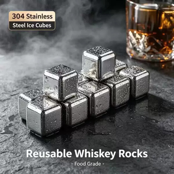 Water-polished 304 stainless steel ice cubes for quick freezing, ice cube box set, reusable metal cooling balls for whiskey