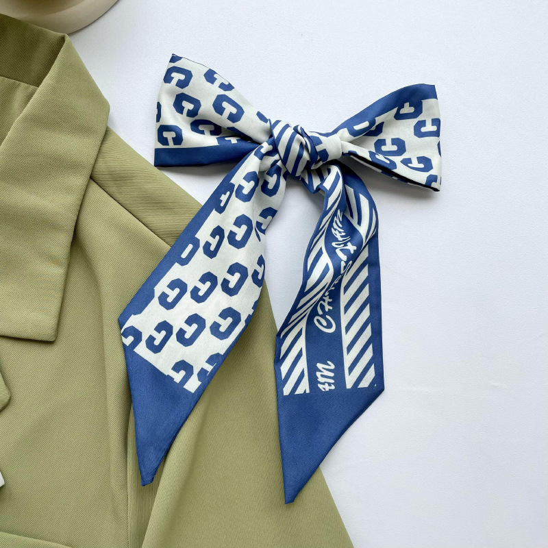 Fina y estrecha pequeña bufanda de seda de las mujeres de estilo coreano todo fósforo Azul pequeña flor bolsa de corbata de pelo cinta decorativa cinta de estilo coreano banda de pelo