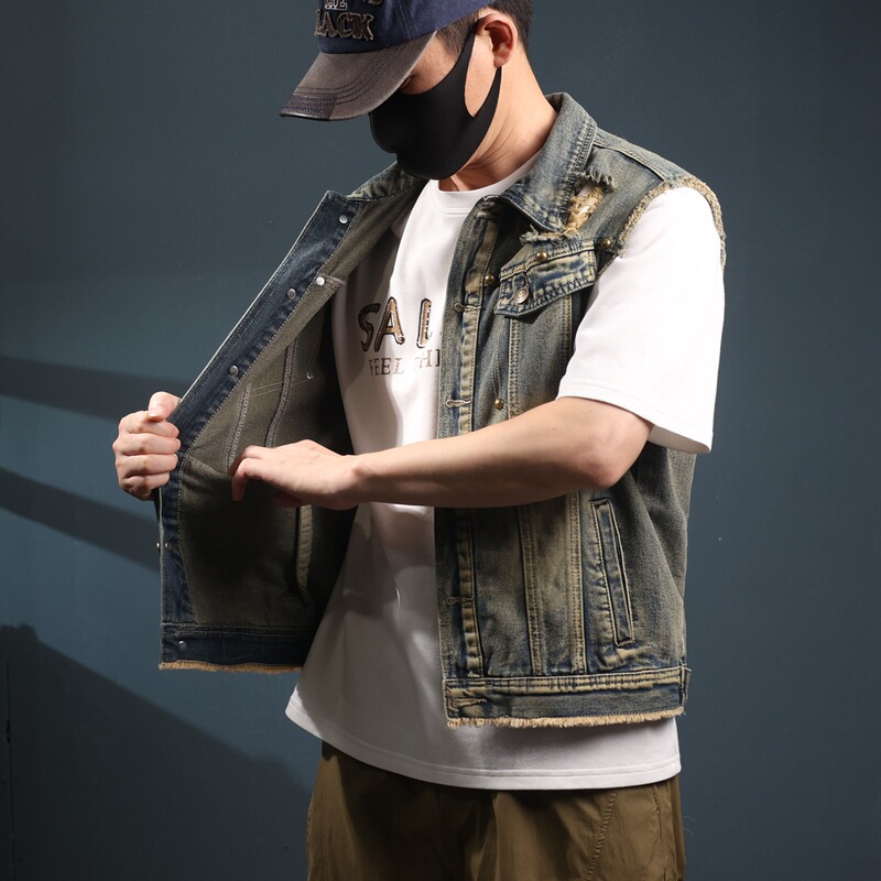 Autumn and Winter Denim Vest Men's Retro Nostalgic Large Size Sleeveless Vest Workwear Casual American Vest Jacket