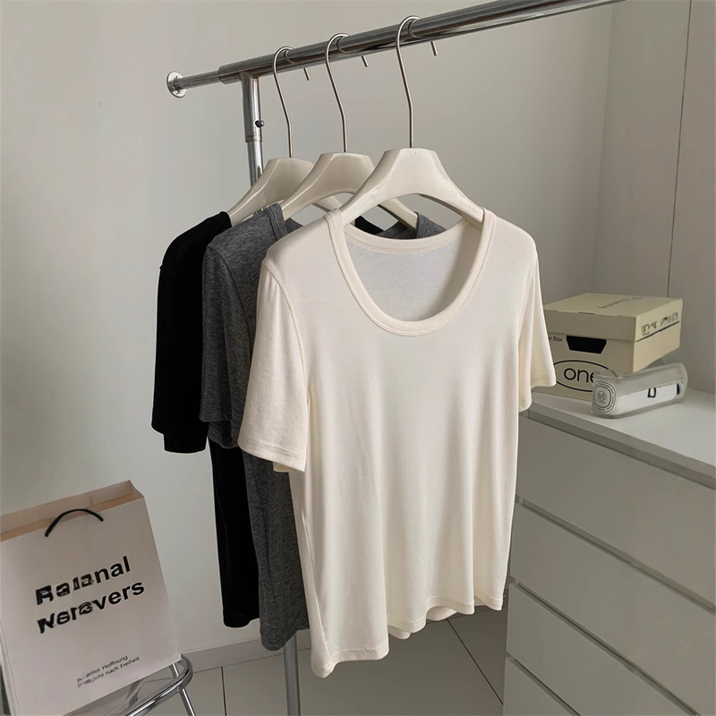 Comfortable Tencel Wool U-Neck T-Shirt Women's Lightweight Draped Lazy Slimming Solid Color Shoulder Short Sleeve Summer New