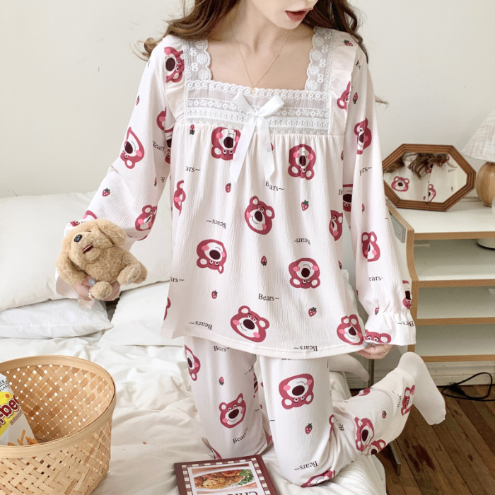 Oso de fresa primavera y otoño pijamas de algodón de manga larga pantalones de estilo de princesa dulce de las mujeres más el tamaño casual ropa para el hogar
