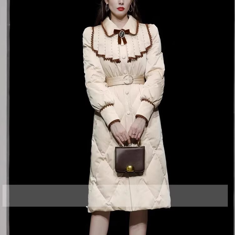 Winter New Fashionable Elegant Square Collar Inverted Pleated Design Sense Waist Lace Single-breasted Thickened Down Jacket for Women