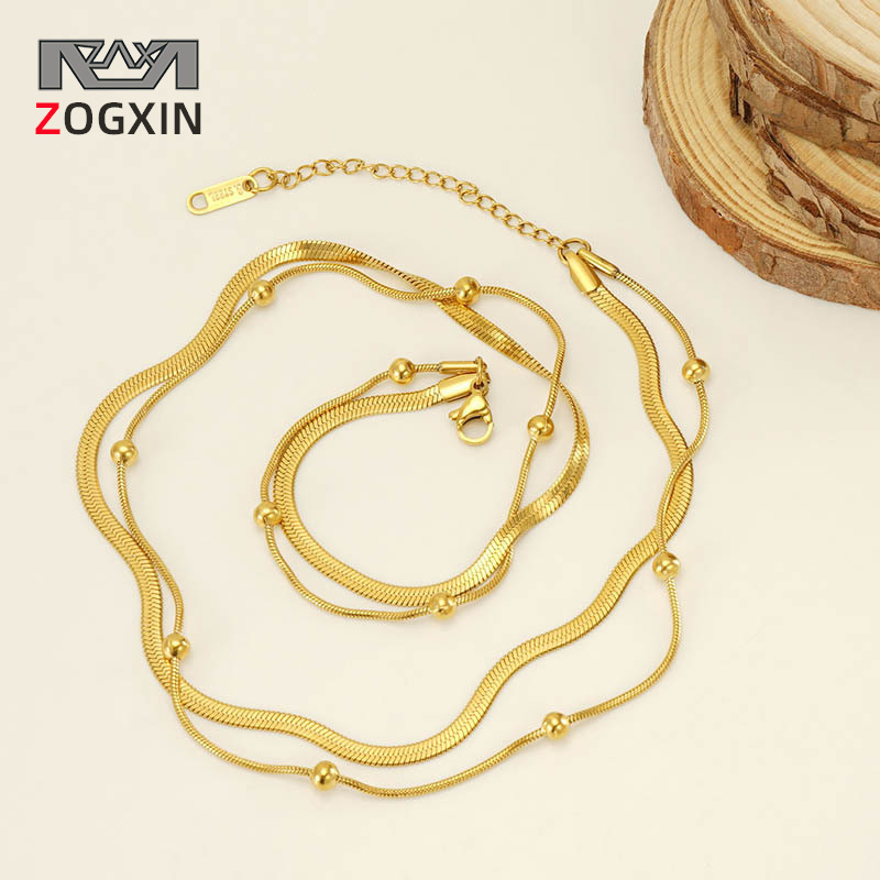 Transfronterizo nuevo collar de doble capa de acero inoxidable hip hop clavícula cadena clip de cuentas de joyería de diseño personalizado europeo y americano al por mayor