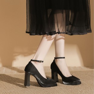 999-0 waterproof platform buckle spring new high heel shoes Mary Jane high-grade satin square toe chunky heel women's shoes