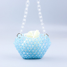 冬季时尚街头手工串珠包蓝色亚克力角珠镂空编织梯形斜挎单肩包