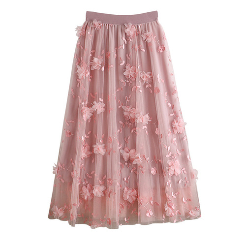 Three-dimensional embroidered flower mesh skirt  new style fresh and sweet slimming mid-length fairy skirt autumn and winter women