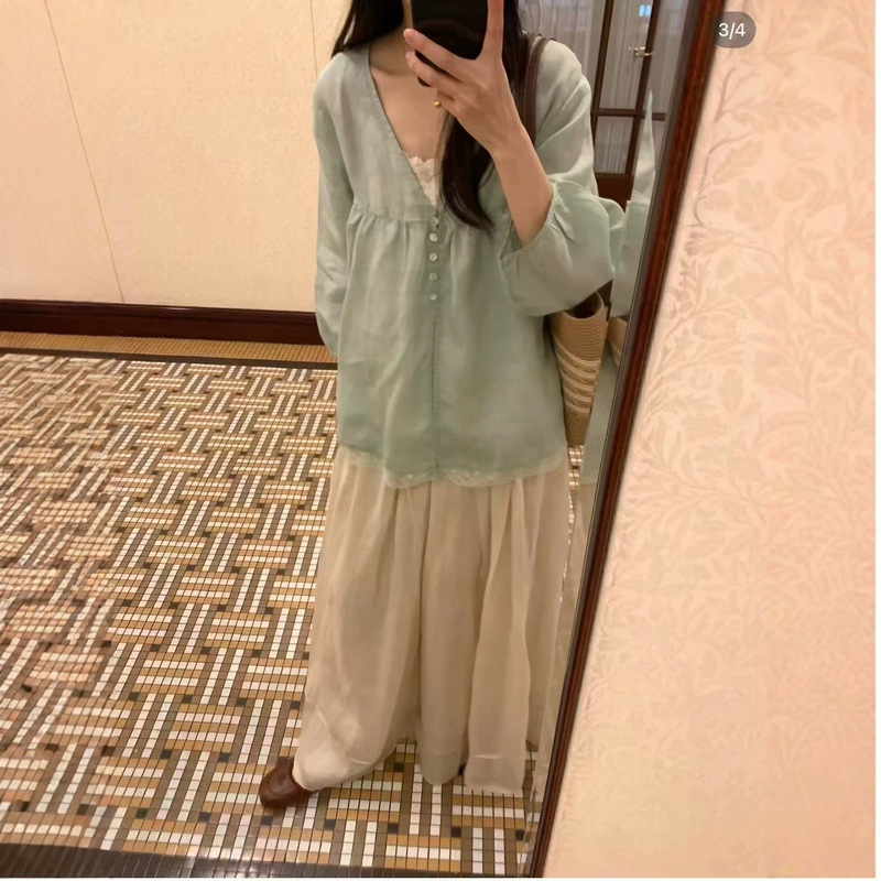 2026 Summer 100% Washed Ramie V-Neck Three-Quarter Sleeve Shell Button Lace Trim Ultra-Thin Loose Blouse