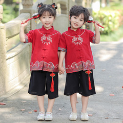 Hanfu boy embroidery set with Chinese style 2023 summer new small children Tang suit for girls fashionable and trendy