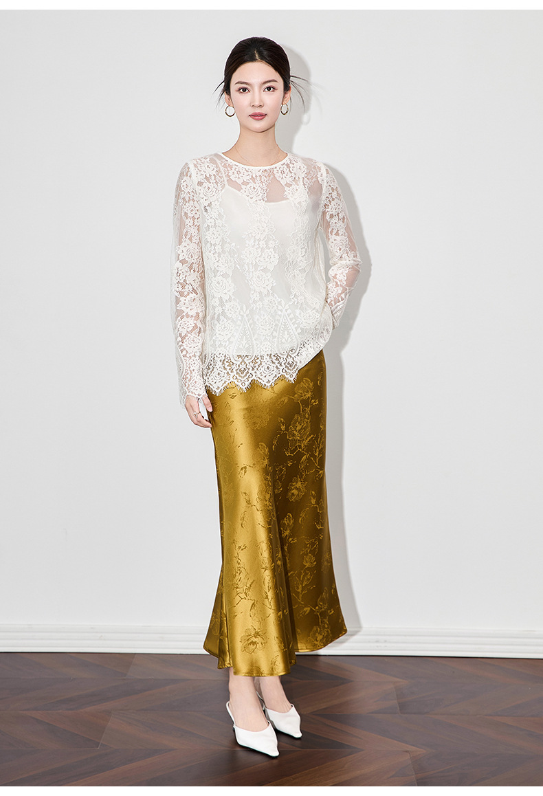 Áo sơ mi ren jacquard phong cách Pháp thanh lịch tay dài — Màu hồng chi tiết 15