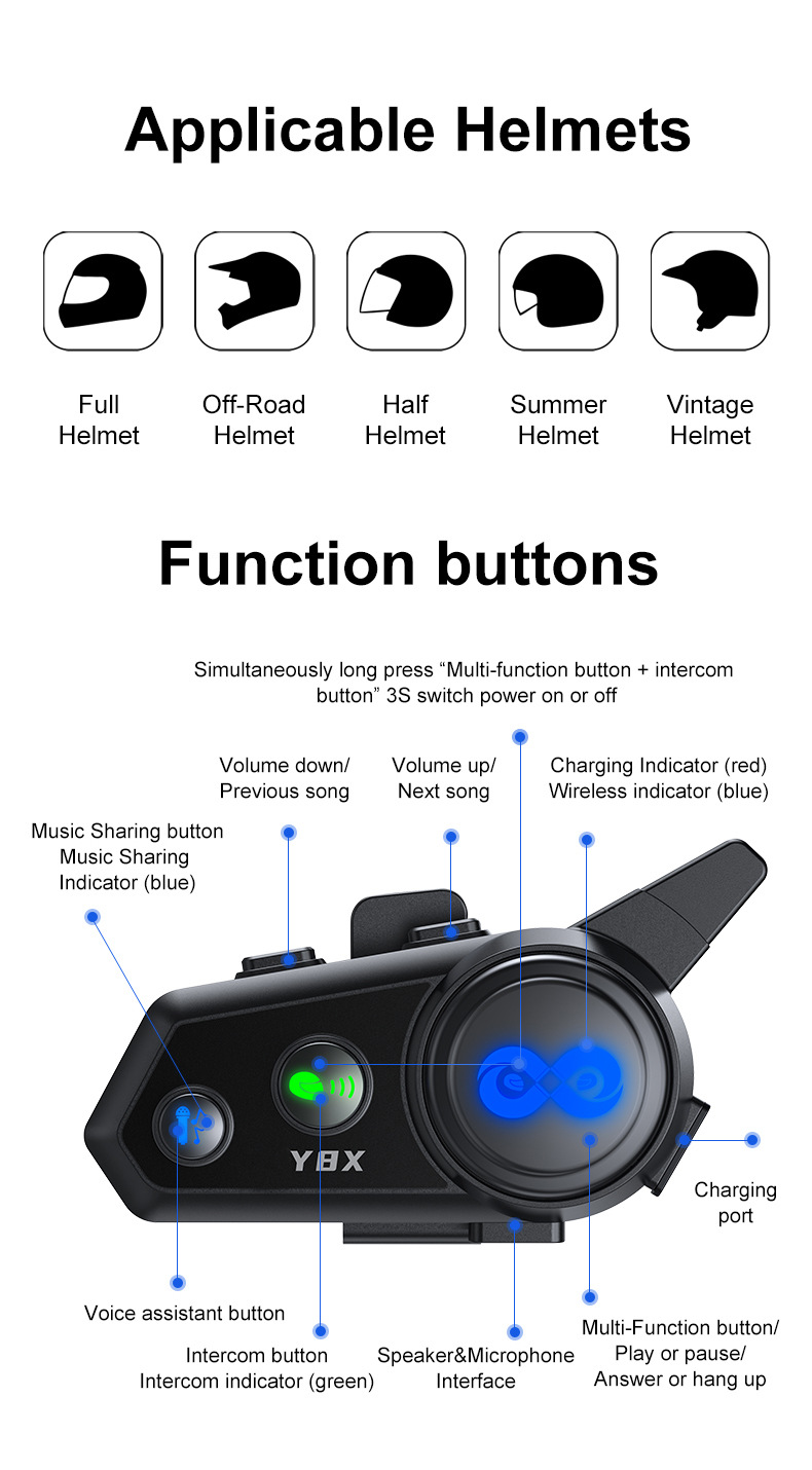 Cross-border Y8X helmet Bluetooth headset, 8-person MESH network helmet intercom headset, helmet Bluetooth headset