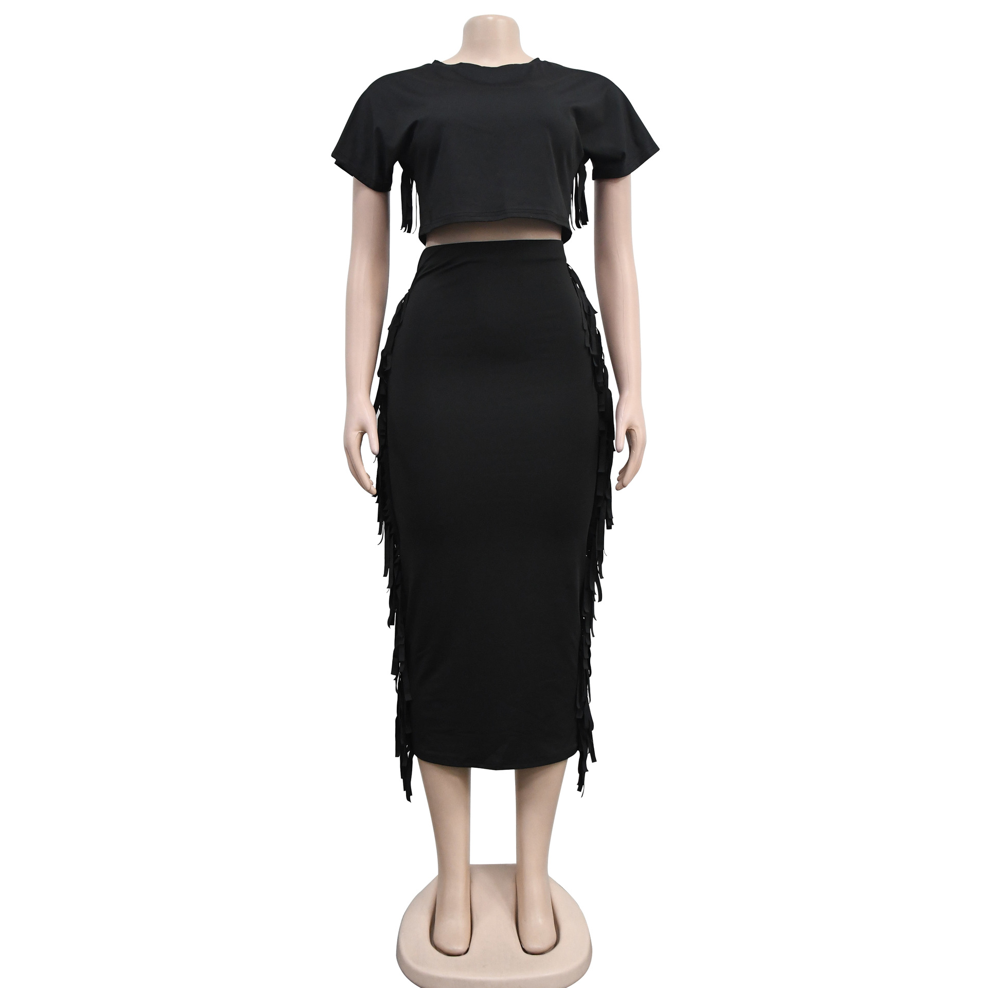 Women Wear Solid Color Tassel Round Neck Short Sleeve Two Piece Set 7 Women Wear Solid Color Tassel Round Neck Short Sleeve Two Piece Set