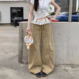 蕾丝2025秋季牛仔裤女宽松肌理感坠感阔腿裤贴布甜美直筒拖地裤潮