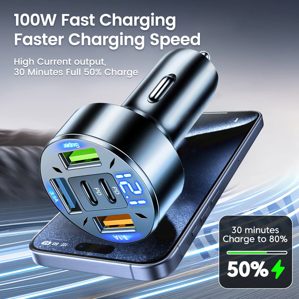 Multi-port with digital display support super fast charging 6/8 port with voltage vehicle-mounted one-to-six/8-car fast charging cross-border