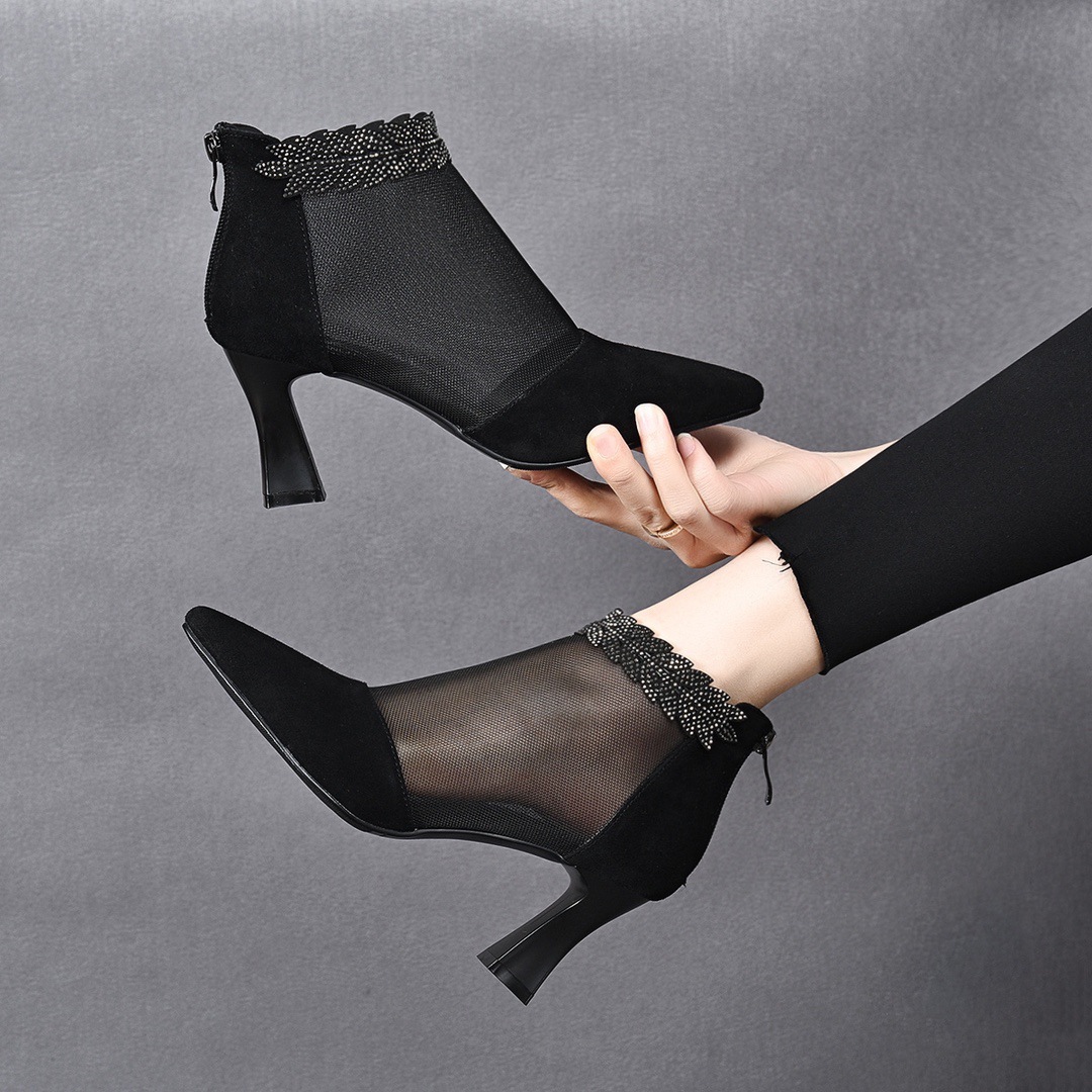 Boot lưới nữ cao gót mùa hè, cổ thấp, chất liệu da thật thoáng khí — Màu Đen Cashmere + lưới