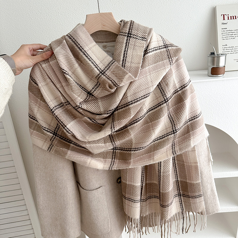 Bufanda de Cuadros Rosa con Flecos de Imitación Cachemira Térmica para Invierno