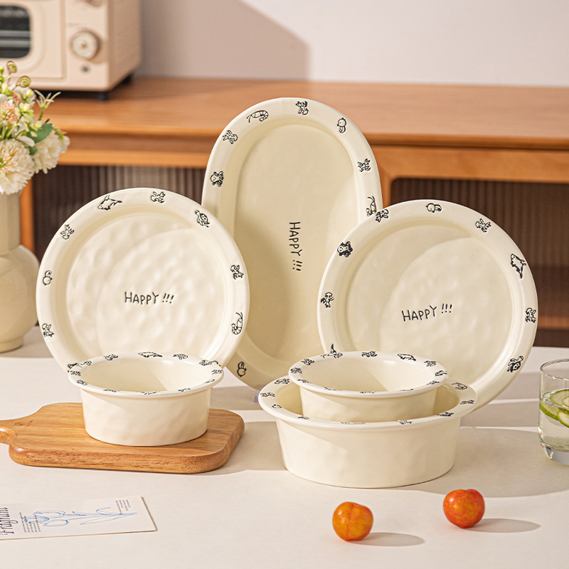 Bowl Cream Style Japanese Ceramic Tableware Set Home Hand-Kneaded Soup Bowl Salad Bowl Instant Noodle Bowl Dessert Cake Plate