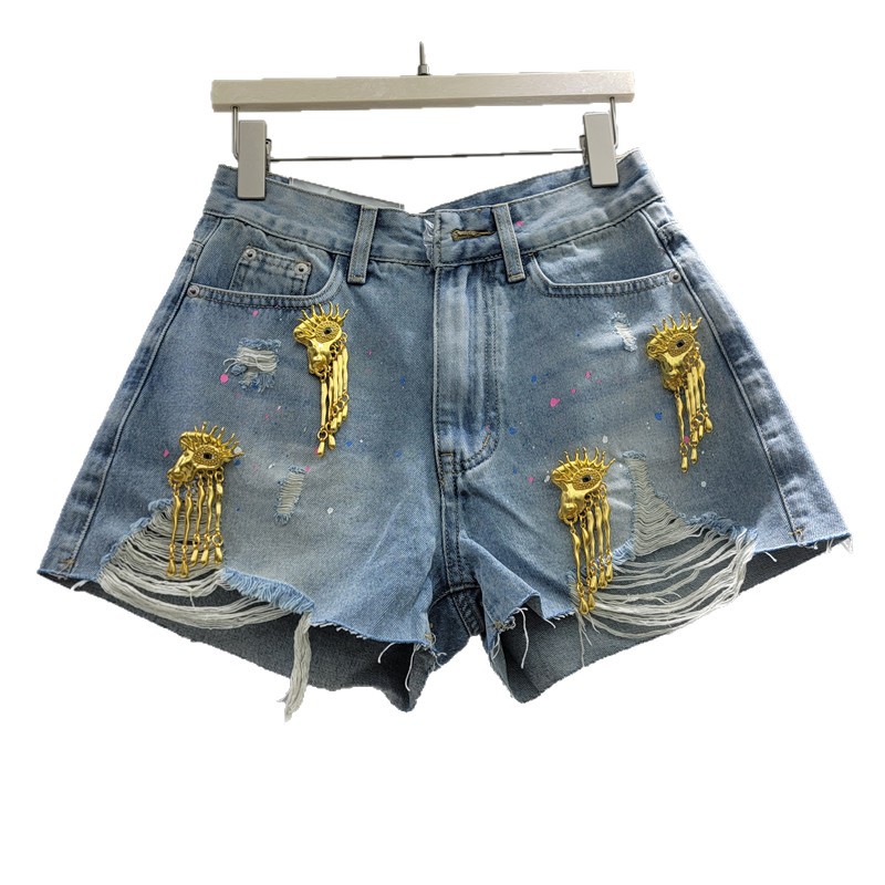 Shorts de Mezclilla Desgastados de Poliéster con Flecos Metálicos para Verano