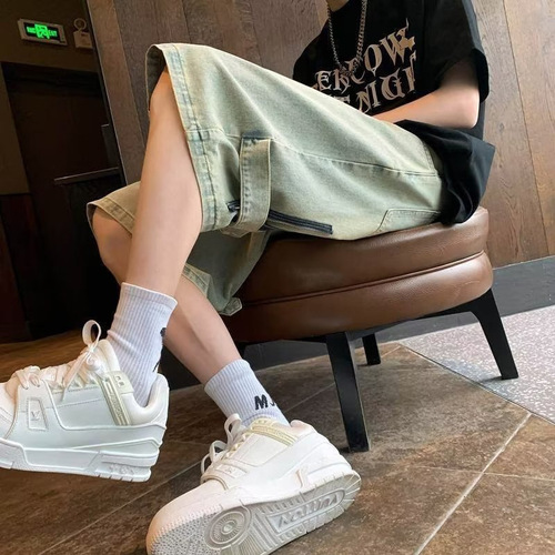 American-style distressed jeans for men, streetwear summer denim shorts, trendy brand, retro, Instagram, Western European and American style, hip-hop, five-pocket pants