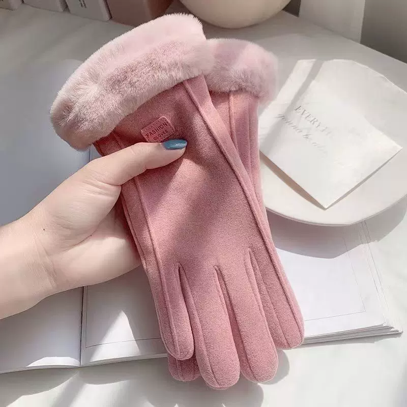 手套女冬天加绒加厚保暖ins可爱触屏德绒秋冬电动车防寒骑行手套