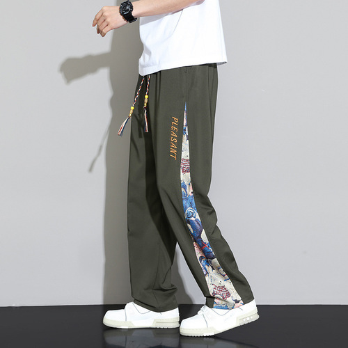Origin Country Trend Cartoon Streetwear New Chinese Style National Style Ice Silk Pants for Men Summer Thin Casual Long Pants