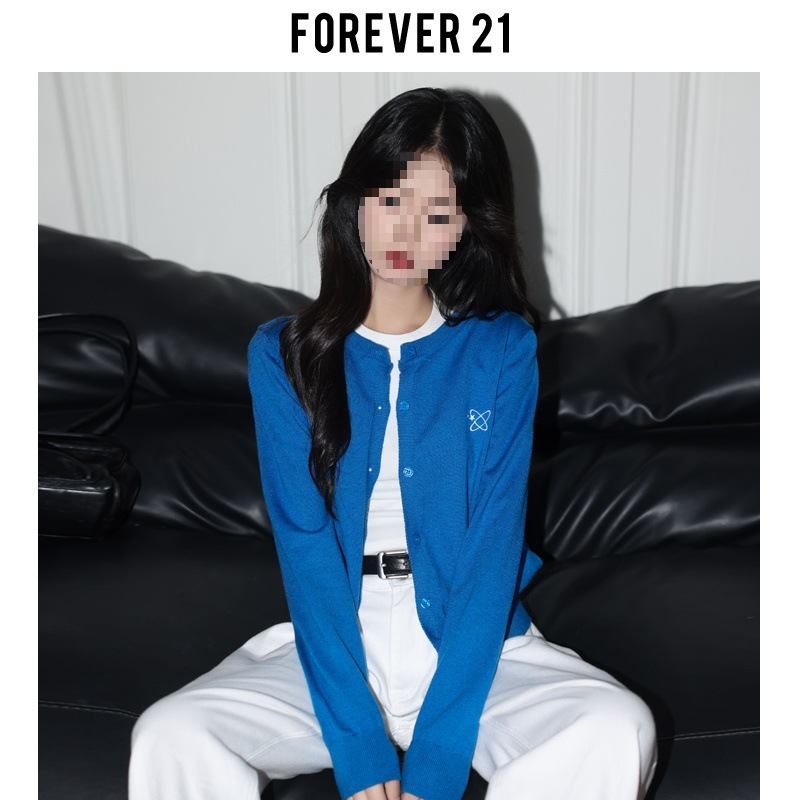 Forever21克莱因蓝别致刺绣针织开衫女ins宽松上衣慵懒松弛感毛衣|undefined