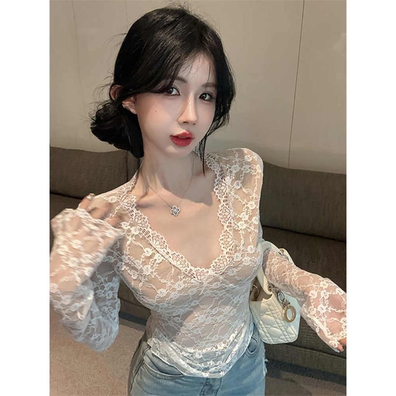 Sexy Hot Girl Black V-Neck Lace Patchwork Long-Sleeved T-Shirt for Women Spring New Slim Fit Inner Layering Top