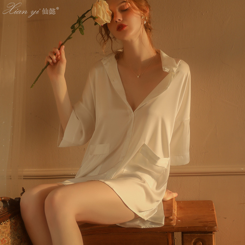 Xianyi Sexy Lingerie Small Bust Seductive Flirting Uniform Set Qqny Loose Boyfriend Style White Shirt Pajamas 458