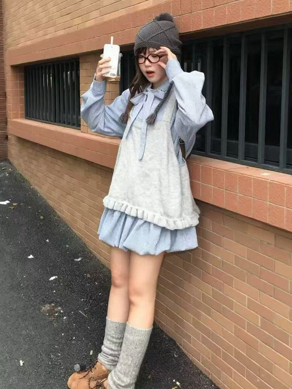 韩系蝴蝶结系带衬衫连衣裙子女2025新款巨好看早秋一整套装花苞裙|undefined