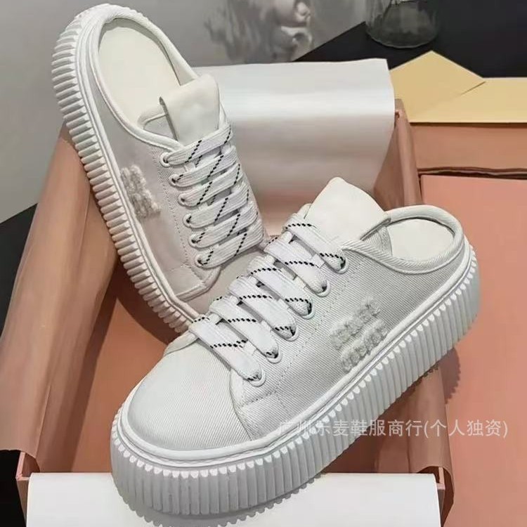 高品质~miu家新款厚底饼干帆布板鞋懒人一脚蹬休闲后空半拖小白鞋|undefined