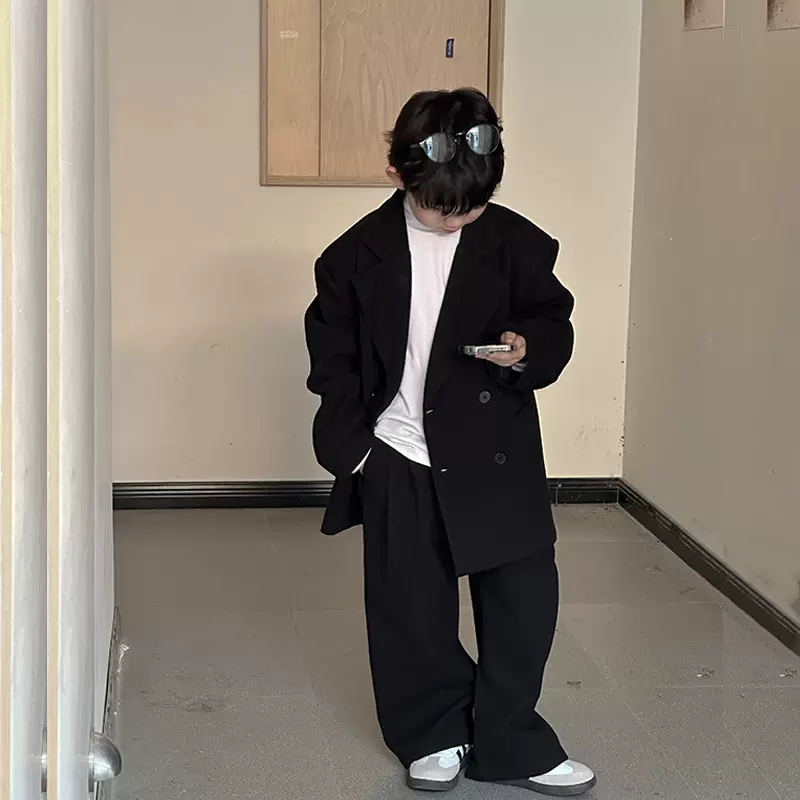 以鸿制衣2023秋冬毛呢西装套装男童西服外套儿童呢子大衣裤两件套