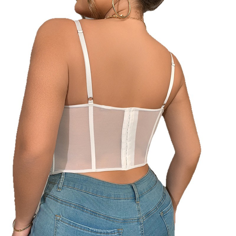 Plus Size Lace Embroidered Fishbone Strapless Halter Top Backless Design Sexy Women's Clothing Hollowed Out Detail_voghion.com