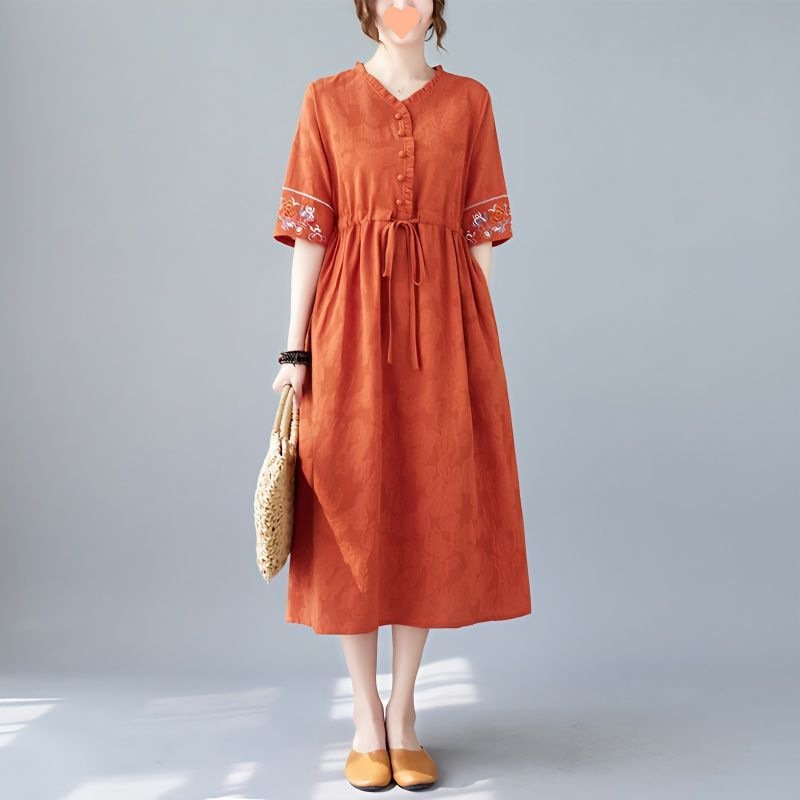 女性用夏のエスニックスタイルのコットンとリネンのドレス、ハイエンドのウエスト刺繍入りマザーズドレス、ゆったりとした痩身リネンドレス|undefined