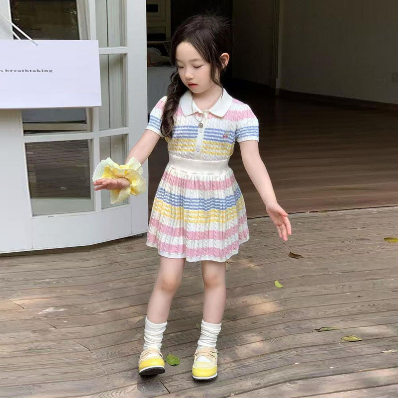 韓国子供服 2025 夏の新カラフルなストライプニットスーツ女の子ポロラペル半袖スカート|undefined