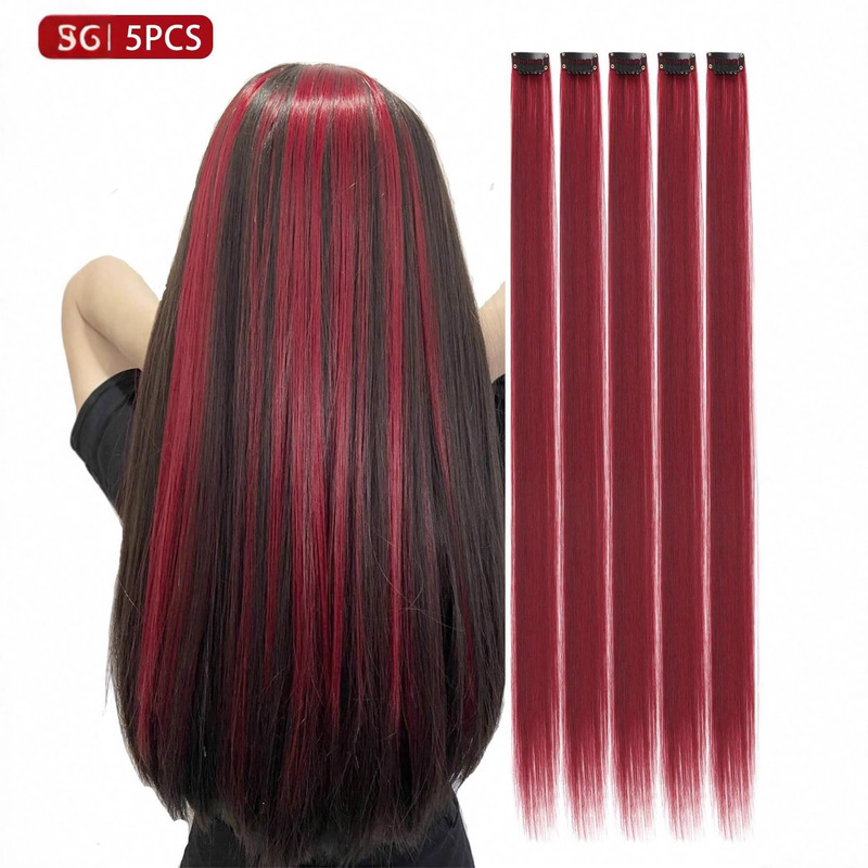 Colorful Hair Extensions, Five-Piece Set, Long Straight Hair, Ear-Hanging Dye, Direct Supply Synthetic Fiber, Halloween Character Hair Extensions, Ear-Hanging Dye Wig Extensions