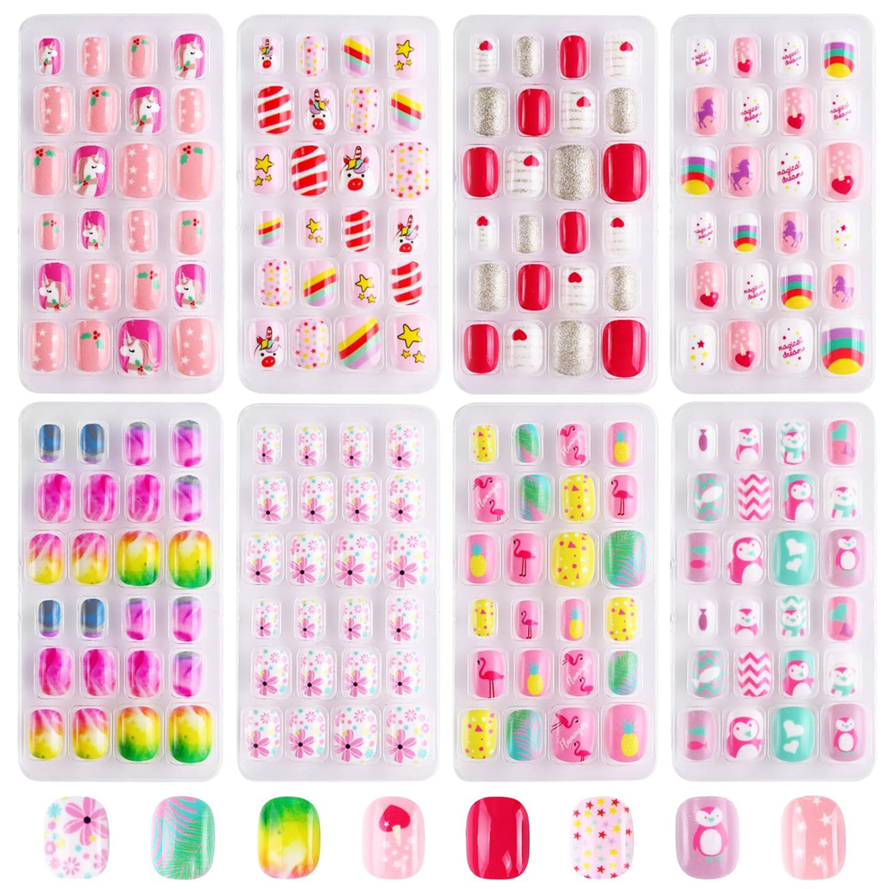 8 Sets of 192 Pieces of Children's Wearable Nail Sets with Gradient Colors, Unicorn Animals, and Cultural and Creative Designs for Student Nail Decoration